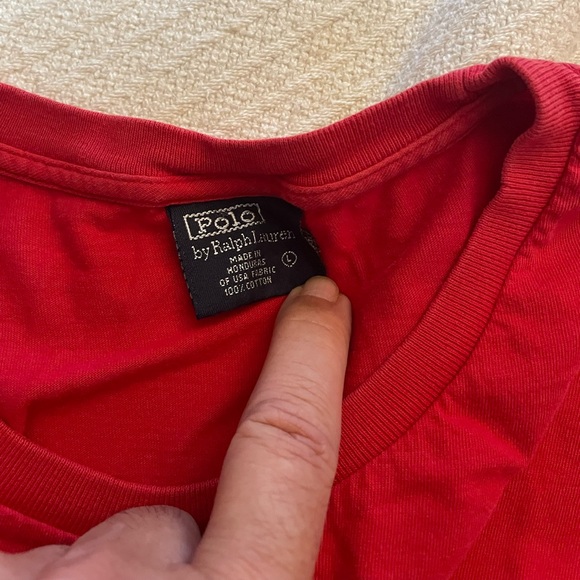 Men’s Polo T-Shirt. Red with front pocket and blue pony. Size Large. - Picture 4 of 4